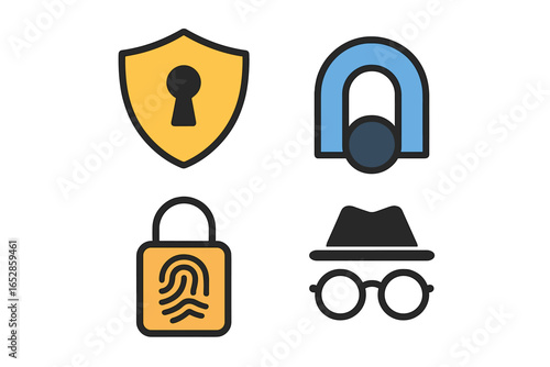 Vibrant Security and Privacy Icons: Shield with Keyhole, Fingerprint Padlock, Abstract Lock, and Spy Silhouette for Data Protection and Anonymity Concepts