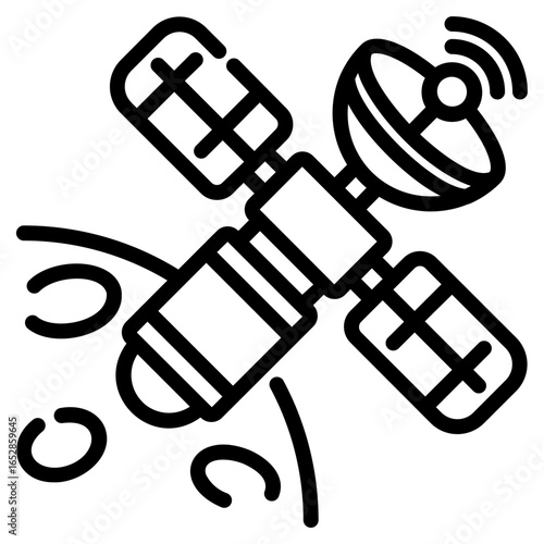 Satellite. This is a vector single icon with a dashed line style. It is suitable for various purposes, including website design, mobile app design, and logo design.