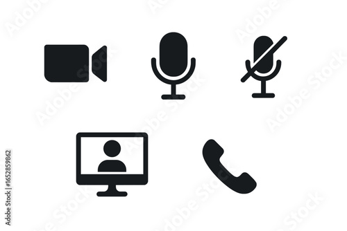 Modern Communication Icons: Video Call, Microphone, Muted Mic, Computer Screen with Person, and Telephone Handset, Presented as a Set on a Dark Background for Digital Applications