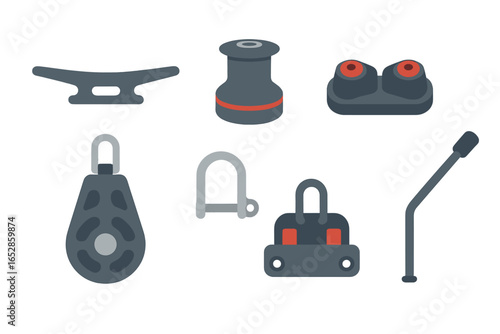 Modern Flat Design Nautical Equipment Collection: Essential sailing accessories including cleats, winches, fairleads, pulleys, shackles, and winch handles for marine and maritime themes.