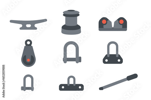 Modern Flat Design Collection of Nautical Equipment Icons: Cleats, Winches, Shackles, Pulleys, and Levers on a Dark Background for Maritime Projects