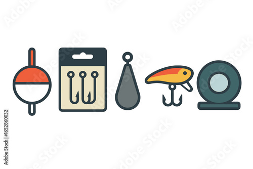Flat design icons of essential fishing gear: bobber, hooks, sinker, lure, and reel on a subtle gradient background, perfect for representing angling hobbies and outdoor adventures.
