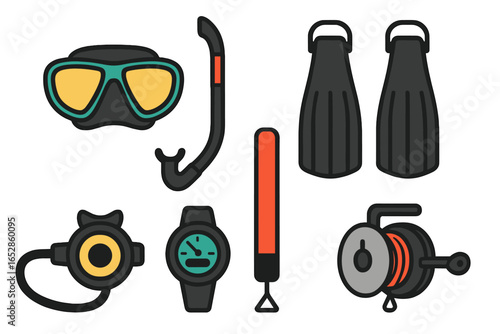 Underwater Exploration Gear: A Comprehensive Collection of Scuba Diving Equipment, Including Mask, Snorkel, Fins, Regulator, Watch, and Reel for Aquatic Adventures.