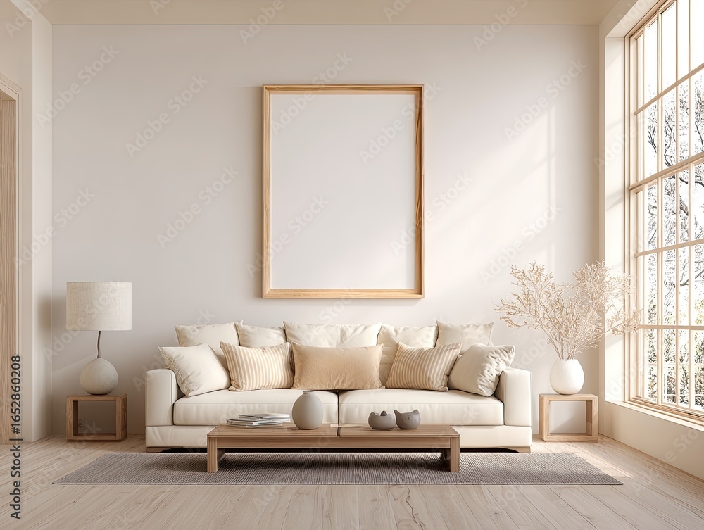 Fototapeta premium Beige minimalist living room with large framed art