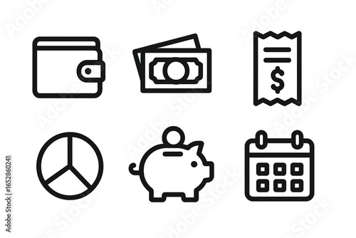 A curated collection of six minimalist outline icons for personal finance and money management, featuring a wallet, banknotes, a receipt, a peace symbol, a piggy bank, and a calendar, all presented w