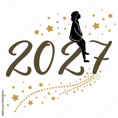 Silhouette of a person sitting on the number 2027 surrounded by golden stars and shooting star trails celebrating the new year