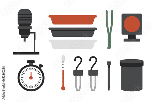 Vintage Darkroom Photography Gear Collection: Timer, Trays, Enlarger, Tongs, Thermometer, Clips - Stylized Graphic with Glowing Accents for Retro Imaging Enthusiasts