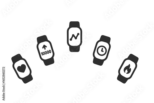 Stylized fitness tracker icons showcasing vital health and activity metrics like heart rate, step count, and calorie burn, presented on a dark gradient background with a soft luminous effect, perfect