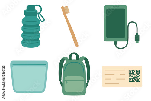 Flat design set of crucial personal items for journeys and everyday use, featuring a foldable water bottle, toothbrush, portable power bank, toiletry pouch, rucksack, and ID card with a scannable cod