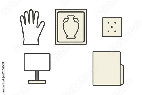 A curated set of flat design icons showcasing various museum artifacts and everyday objects, including a glove, an ancient vase, a die, a computer monitor, and a document folder, all beautifully arra