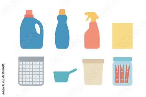Assortment of home cleaning and laundry essentials, featuring detergent bottles, cleaning sprays, and clothespins, presented as a stylized, luminous graphic illustration.