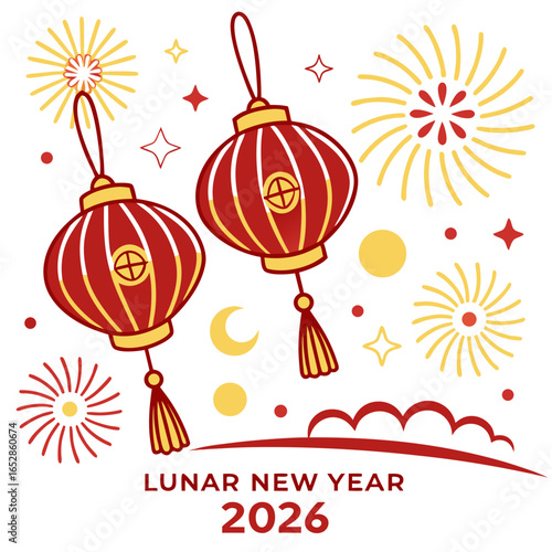 Festive illustration of red and gold lanterns with fireworks and celestial elements celebrating lunar new year 2026