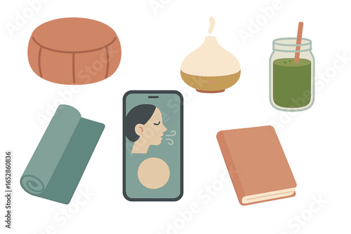 Promoting wellness and mindfulness with relaxation and self-care essentials: meditation cushion, yoga mat, essential oil diffuser, healthy green smoothie, smartphone with breathing exercise, and a bo