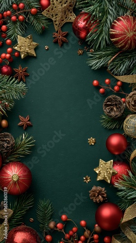 Christmas frame with pine branches, red and gold baubles, ribbons, pinecones, and festive ornaments on dark green background with copy space