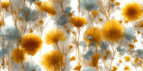 Floral pattern with yellow and blue flowers. The flowers are in various sizes and are scattered throughout the image