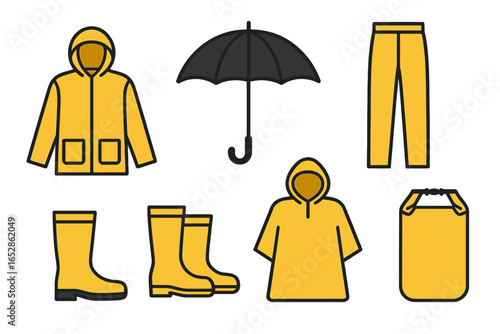Comprehensive set of yellow rain protection apparel and accessories for staying dry and safe in wet weather conditions, featuring a jacket, pants, poncho, boots, dry bag, and umbrella, detailed vecto