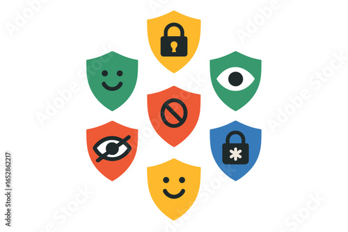 Diverse Digital Security and Privacy Shield Icons: Featuring Padlocks, Eyes, and Prohibition Symbols with Vibrant Light Effects on a Dark, Blurred Background - A Comprehensive Visual Collection.