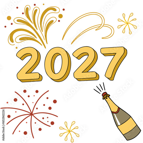 Celebratory 2027 new year s eve greeting with popping champagne bottle and festive fireworks illustrations