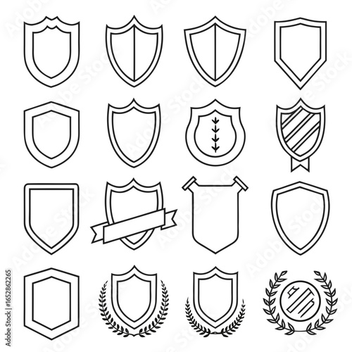 Collection of diverse shield and crest icons with clean outlines representing security protection and achievement awards