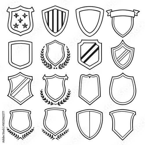 Collection of diverse shield and crest outlines with decorative elements like stars stripes and laurel wreaths for emblems