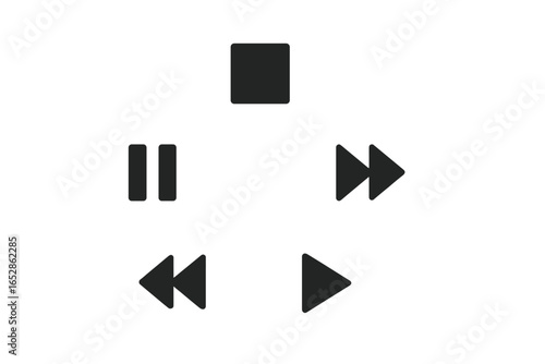 Collection of minimalist music player control buttons including play, pause, stop, fast forward, and rewind, presented on a subtle gradient background with soft shadows for depth and visual appeal.