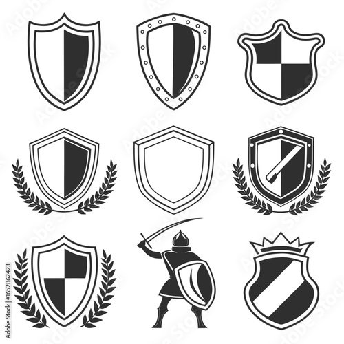 Collection of stylized shield emblems and a warrior with sword and shield representing protection and heraldry