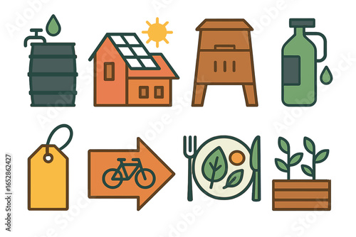 Collection of flat design icons representing sustainable living, eco-friendly practices, and healthy lifestyle choices, including renewable energy and organic food.