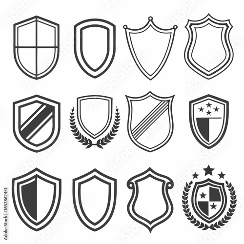 Collection of twelve diverse shield emblems and crests in a graphic design layout on a white background