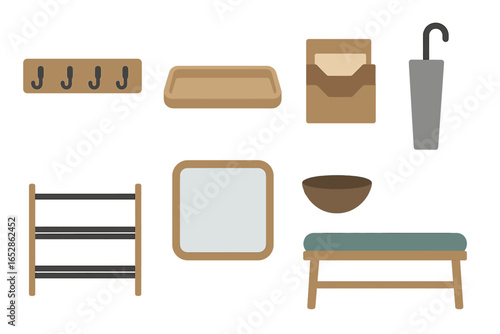 Collection of home entryway furniture and accessories, including a shoe rack, coat hooks, bench, mirror, tray, bowl, mail holder, and umbrella stand, presented in a minimalist vector illustration sty