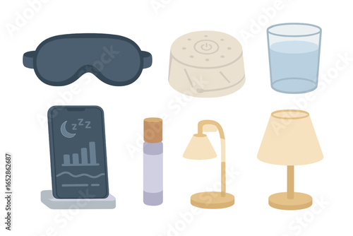 Collection of items for a good night's sleep, including a sleep mask, sound machine, glass of water, smartphone with sleep tracking app, aromatherapy roller, and bedside lamps, presented in a stylize