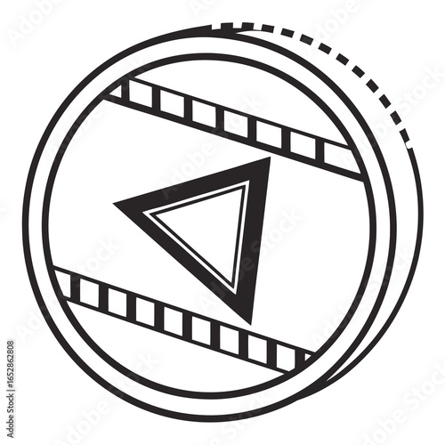 Stylized black and white icon representing a play button integrated with a film reel and circular border design
