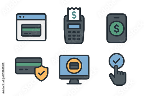 Modern icons for secure financial transactions, online payments, credit card processing, and contactless methods, ideal for e-commerce and digital banking services and fintech.
