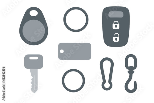 Stylized collection of security and access icons: car key fob with lock/unlock symbols, house key, tag, carabiner clip, and hook against a dark, textured background with subtle glowing effects for a