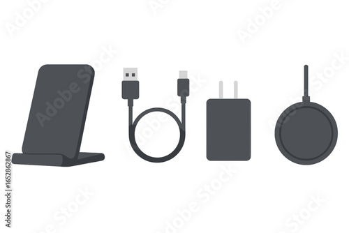 Modern Electronic Charging Accessories: Wireless Stand, USB-C Cable, Power Adapter & Magnetic Charger Set on Dark Background - Detailed Vector Illustration