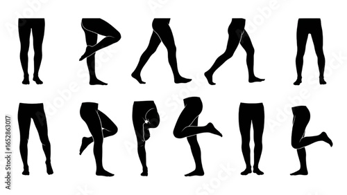 Human Legs Silhouette Vector Set – Various Positions of Legs and Feet – Standing, Walking, Bending, Movement, and Simple Style Illustration
