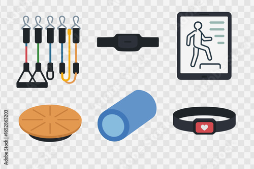 Diverse collection of modern sports and fitness gear for active lifestyles, featuring resistance bands, balance trainers, recovery rollers, and smart health trackers for comprehensive wellness and ex