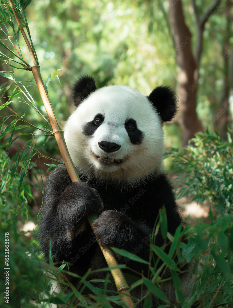 Fototapeta premium A panda is sitting in the green bamboo forest, holding onto one large yellow bamboo stick with its paws and looking at it happily. The photo was taken from an overhead perspective, showing that there 