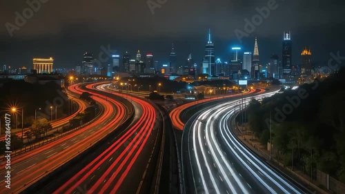 Night urban traffic lights blur down a long highway