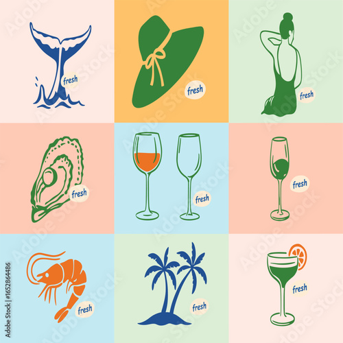 Set of Summer Icons and Elements. Original sea food. Cocktails time set with glasses drawing in retro style. Summer vibes artwork.