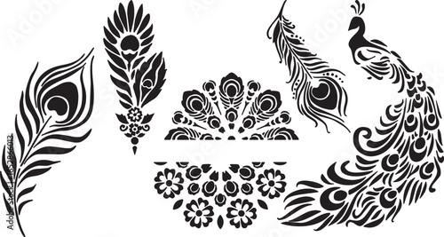 Decorative peacock feather and tail vector art with floral and mandala elements.