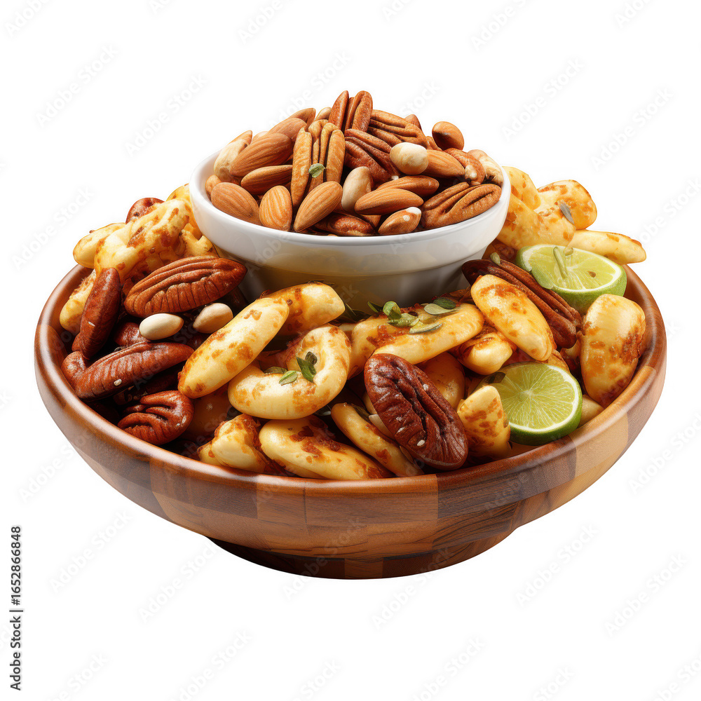 Fototapeta premium A wooden bowl of crispy savoury party food snacks Isolated on white and transparent background.