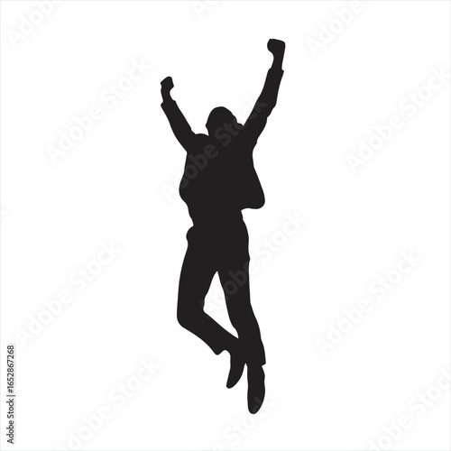 Joyful Man Worker Jumping with Hands Up Black Silhouette vector illustration