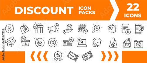 Set of 22 discount icons in modern line style, perfect for e-commerce, shopping, sales promotions, coupons, vouchers, and marketing designs.