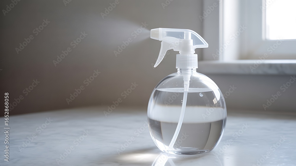 Obraz premium Clear spray bottle spraying liquid with white trigger on a marble surface plastic container