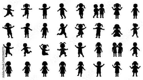 Kids Silhouette Vector Illustration – Children in Playful and Standing Poses – Child Figures for Education and Creative Design
