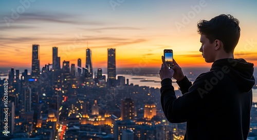 A young man takes a photo with his phone of the New York City skyline at sunset, featuring the Empire State Building and vibrant sky.