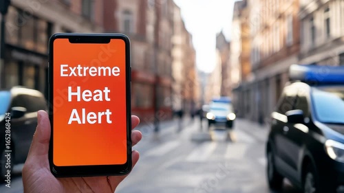 Smartphone displays extreme heat alert in busy urban street at sunset