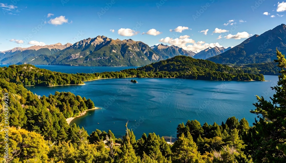 Naklejka premium Panoramic lake view with mountains
