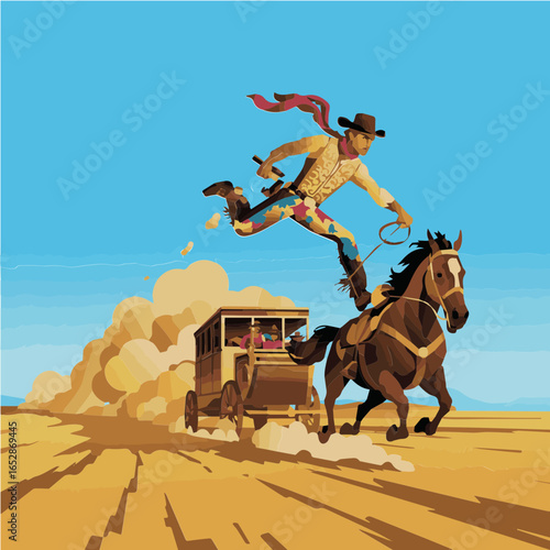 Vector artwork illustration of a daring cowboy leaps from a moving stagecoach onto a galloping horse