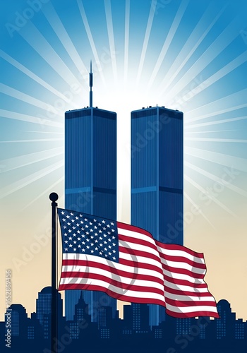 Remembering 9/11 Twin Towers Tribute with American Flag in Patriotic Illustration